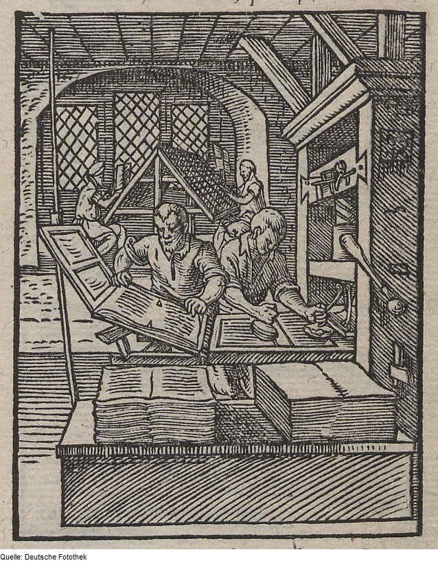 A printer at the case, from a book of trades.