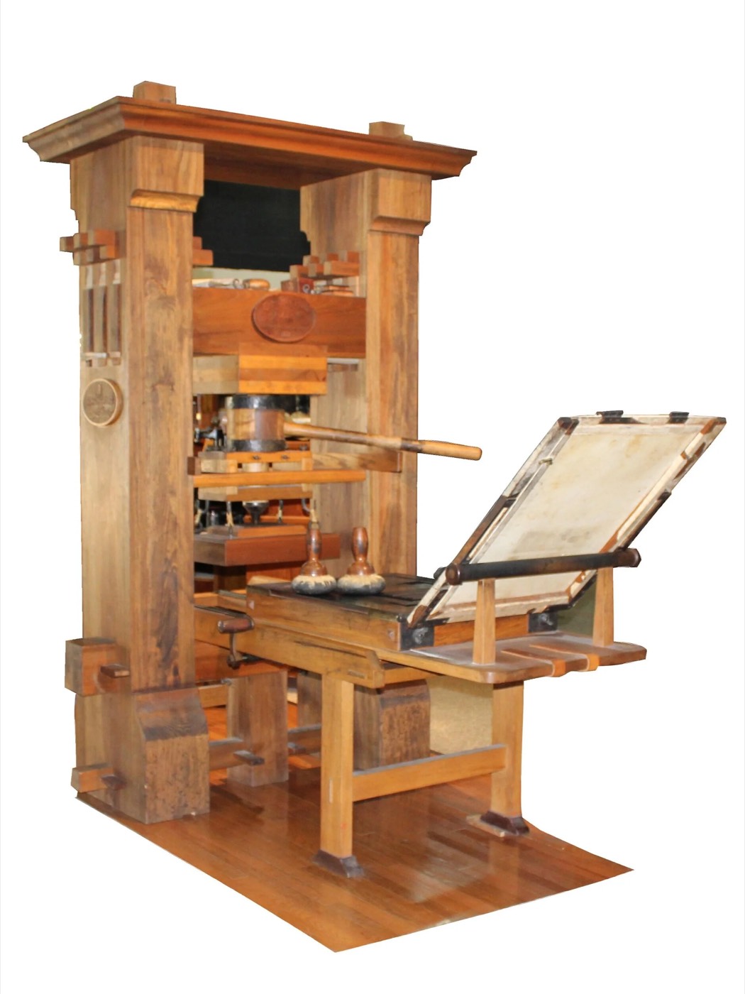 A reconstruction of Gutenberg's wooden screw press.